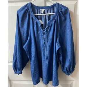 EST 1948 Top Womens XL Blue Chambray Laced Up Boho Peasant Pirate Blouse Hippie